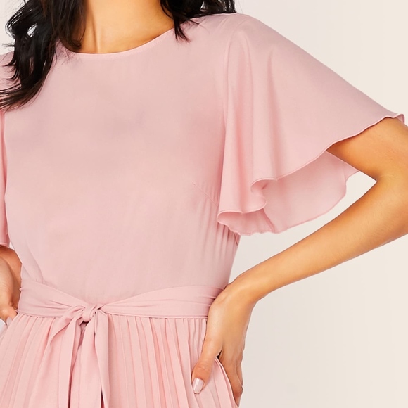 Flounce Sleeve Belted Pleated Mini Dress in Pink - Picture 5 of 7